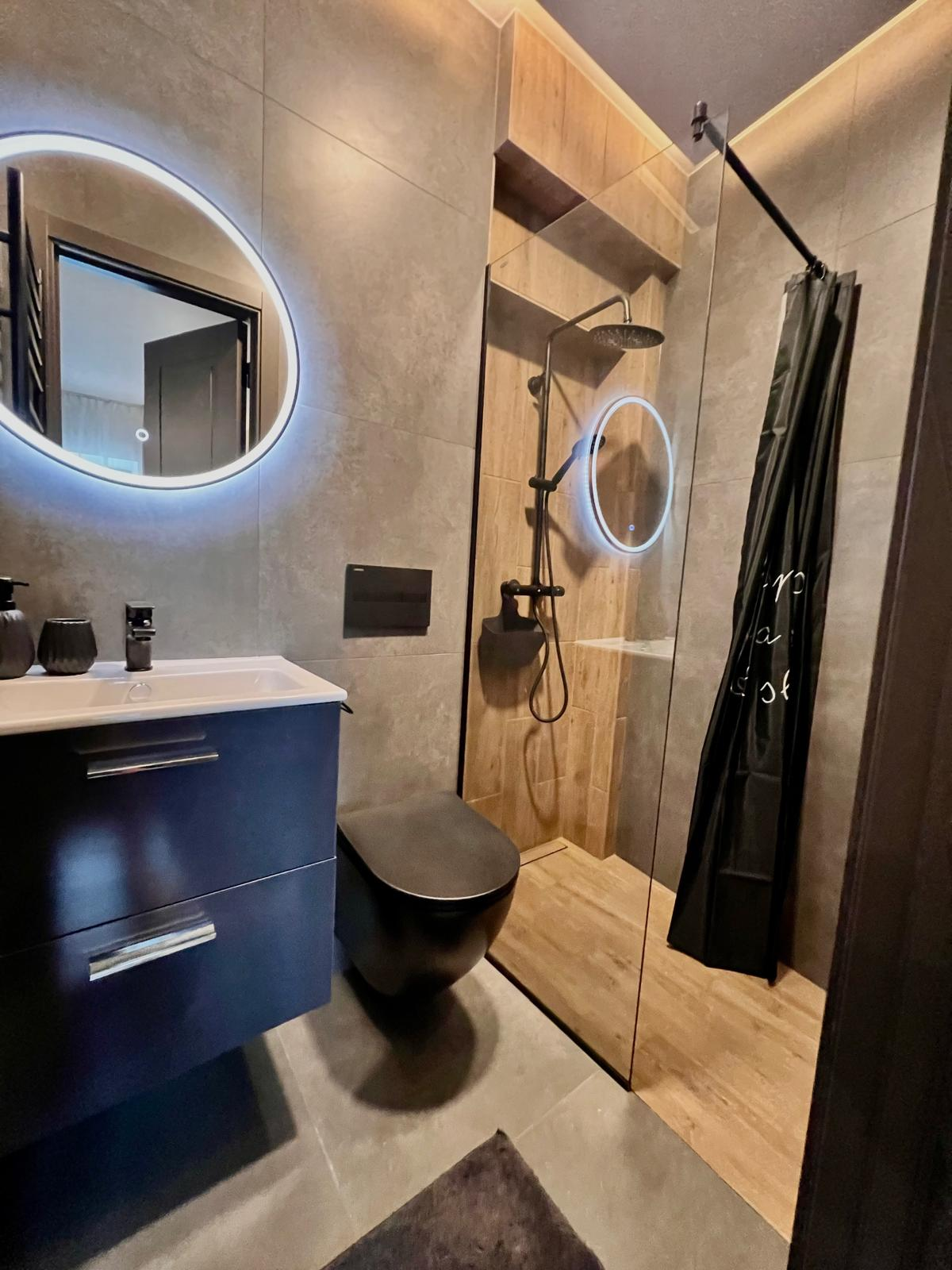 Contemporary bathroom with wooden accents